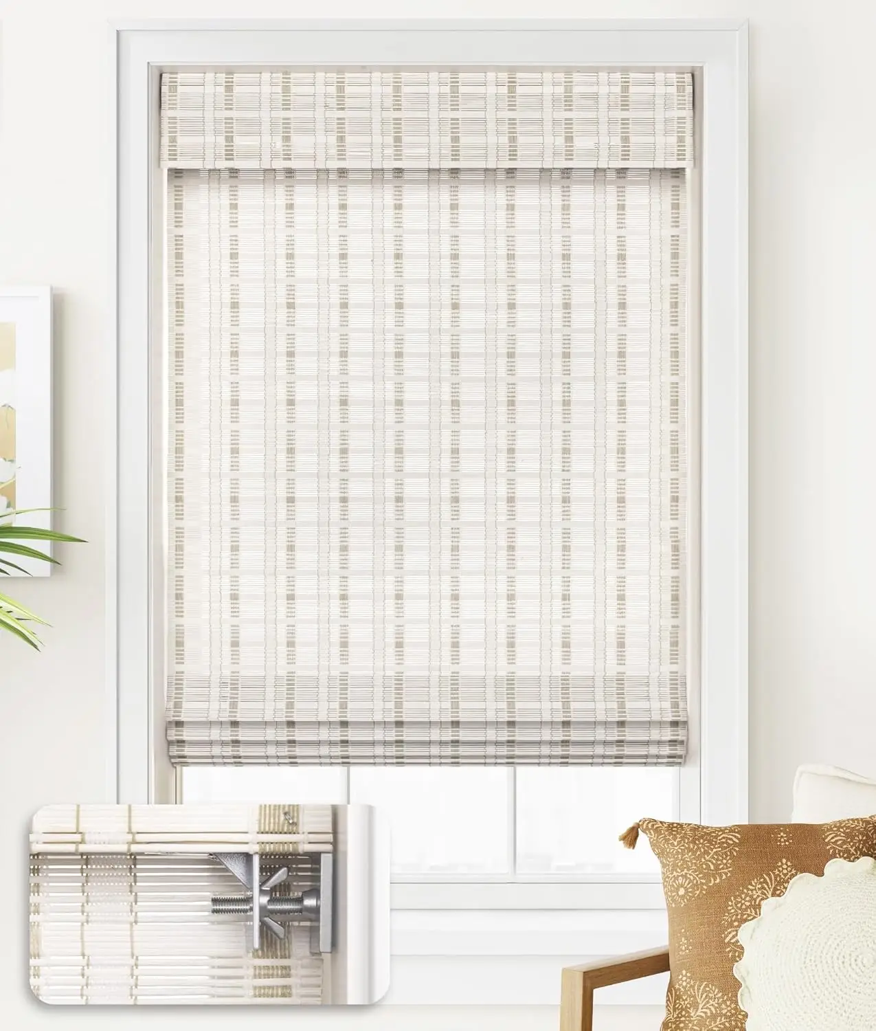 

No Tools Cordless Bamboo Roman Shades, Light Filtering Window Treatment, 31" W x 64" H, Whitewash