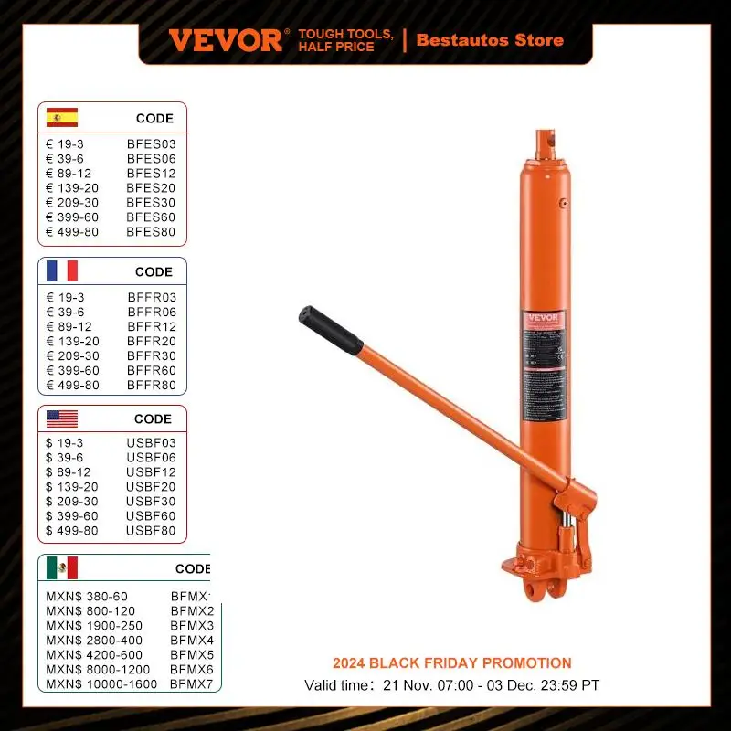 VEVOR Gato hidráulico de ariete largo, cilindro de elevación de motor de 3 toneladas con bomba de pistón único y base de horquilla, cilindro de ariete hidráulico para polipastos de elevación de motor, grúas hidráulicas