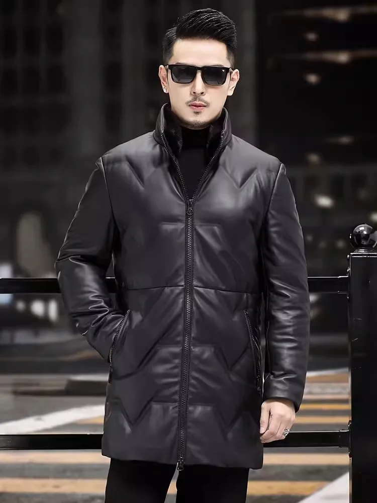 High Street Fashion Mens Genuine Leather Down Coat Winter Warm Stand Collar Casual Outerwear Middle Long Black Sheepskin Jacket