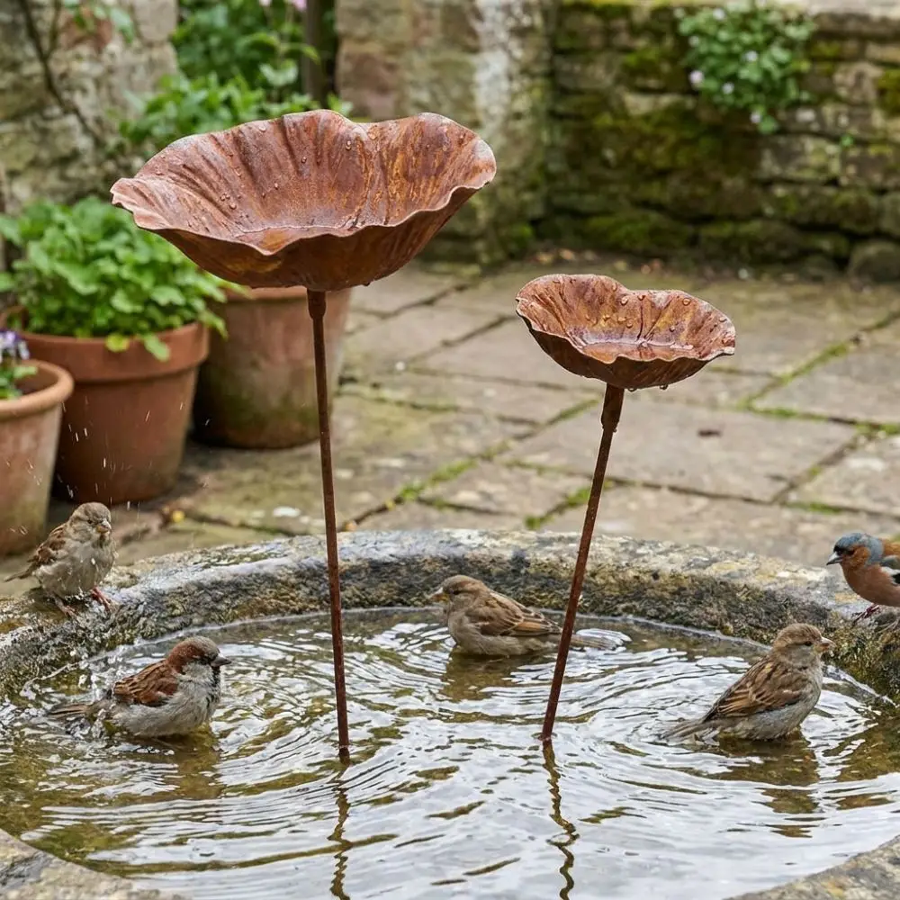 Flower Shape Metal Bird Bath Iron Art Handcrafted Bird Water Dispenser Rusted Vintage Ground Insert Garden Birdbath