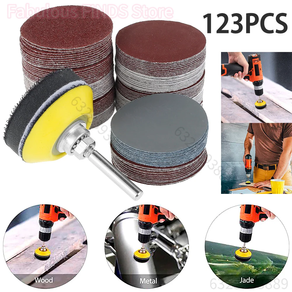 Surtido de papel de lija de 50mm, juego de almohadillas de disco de lijado de grano 60-3000, herramientas rotativas de 2 pulgadas para amoladora de taladro con cojín de poste de disco, 123 Uds.