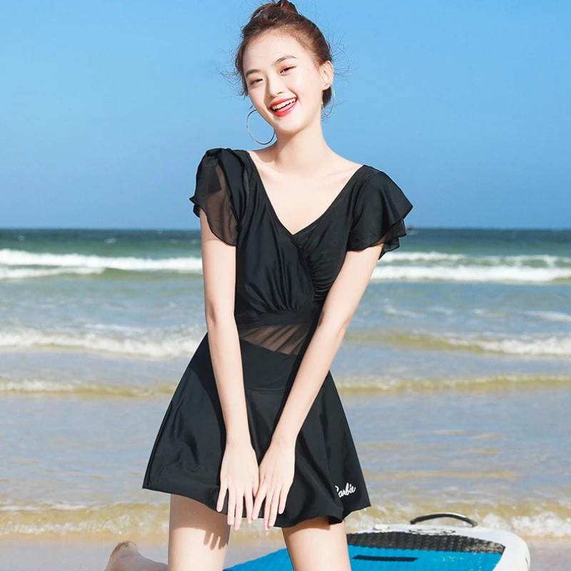 Ins Style Fashions Openwork Tulle Swimsuit  Ruffles Skirts Simplicity Solid Color Conservative Onsen Swimwear One Piece Suits