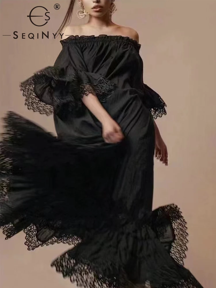 

SEQINYY Casual Midi Dress Elegant Summer Spring New Fashion Design Women Runway Flare Sleeve Vintage Lace Holiday Belt