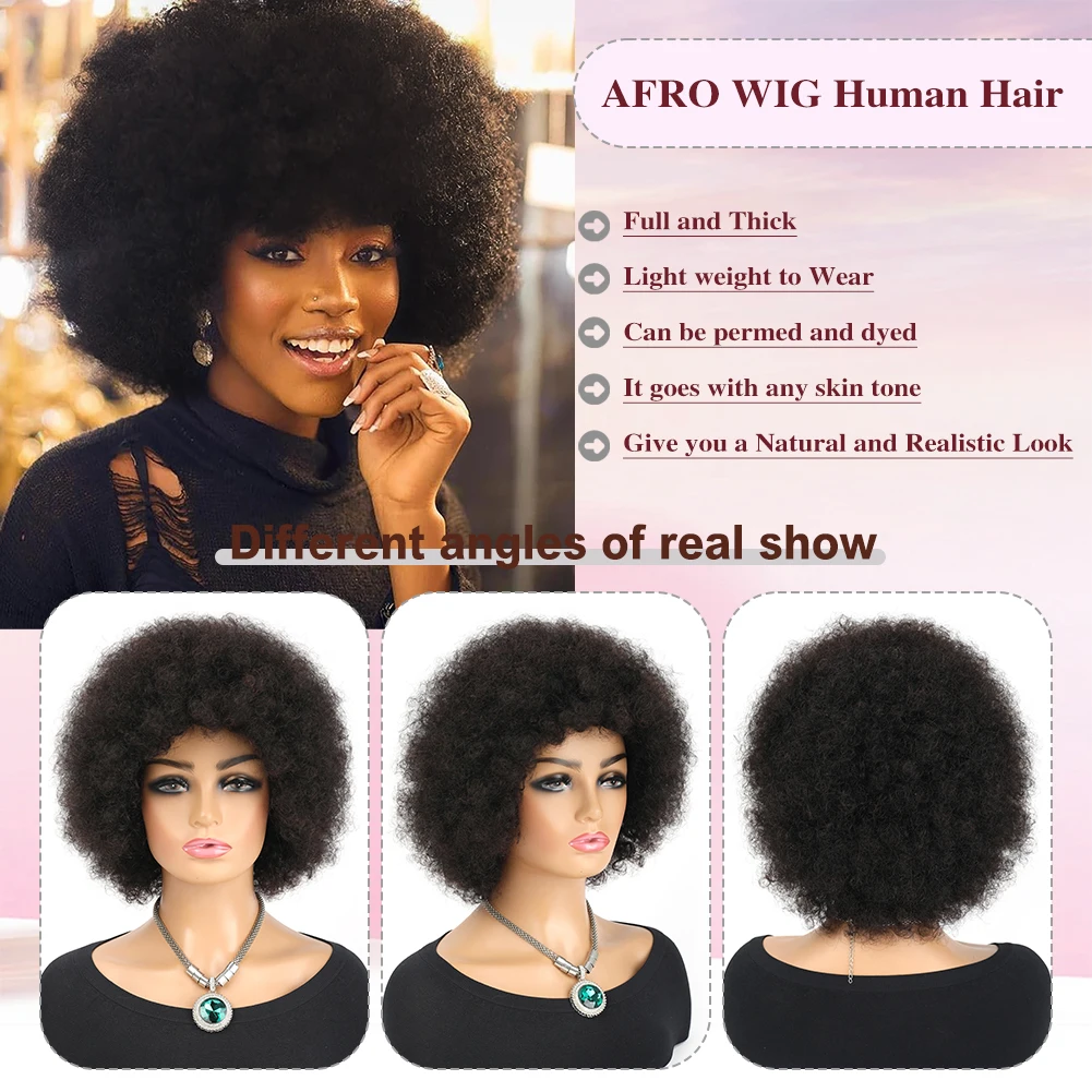 Perucas afro para mulheres negras, curtas, encaracoladas, afro, encaracoladas, macias e naturais, pretas, cabelo humano, grande, saltitante para cosplay e diariamente