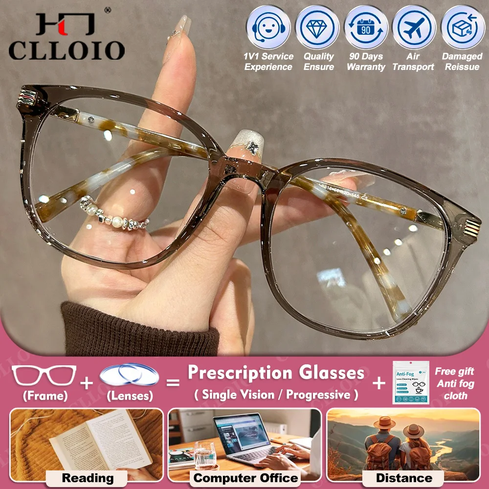 

CLLOIO Round Large Frame Myopia Reading Prescription Glasses High Quality Men Women Anti Blue Light Multifocal Office Eyeglasses