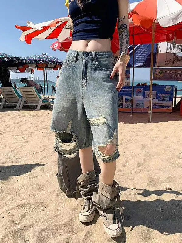 

Женские джинсы с высокой талией и широкими штанинами, свободного кроя, с рваными элементами, летние, новинка, эффект похудения