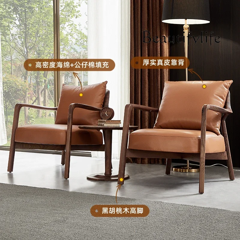 

Black walnut sofa chair Nordic all solid wood single sofa armrest leisure chair Modern simple leather single chair
