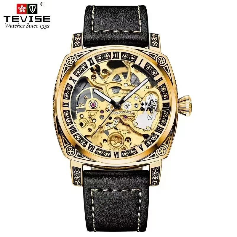 Man Tourbillon Hollow Automatic Mechanical Watch Men's Waterproof Luminous Sports Watch Men's Light Luxury Carved Leather Watch