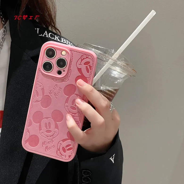 Cartoon Leather Texture Embossed Disney Mickey Mouse Shockproof Phone Case for iPhone 16 15 14 13 12 11 Pro Max Protective Cover