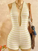Women's Resort Knit Textured Wave Fabric Deep V-Neck Backless Bodysuit, Fashion-Fitted One-Piece Pants Perfect for Parties, Date - Image 5