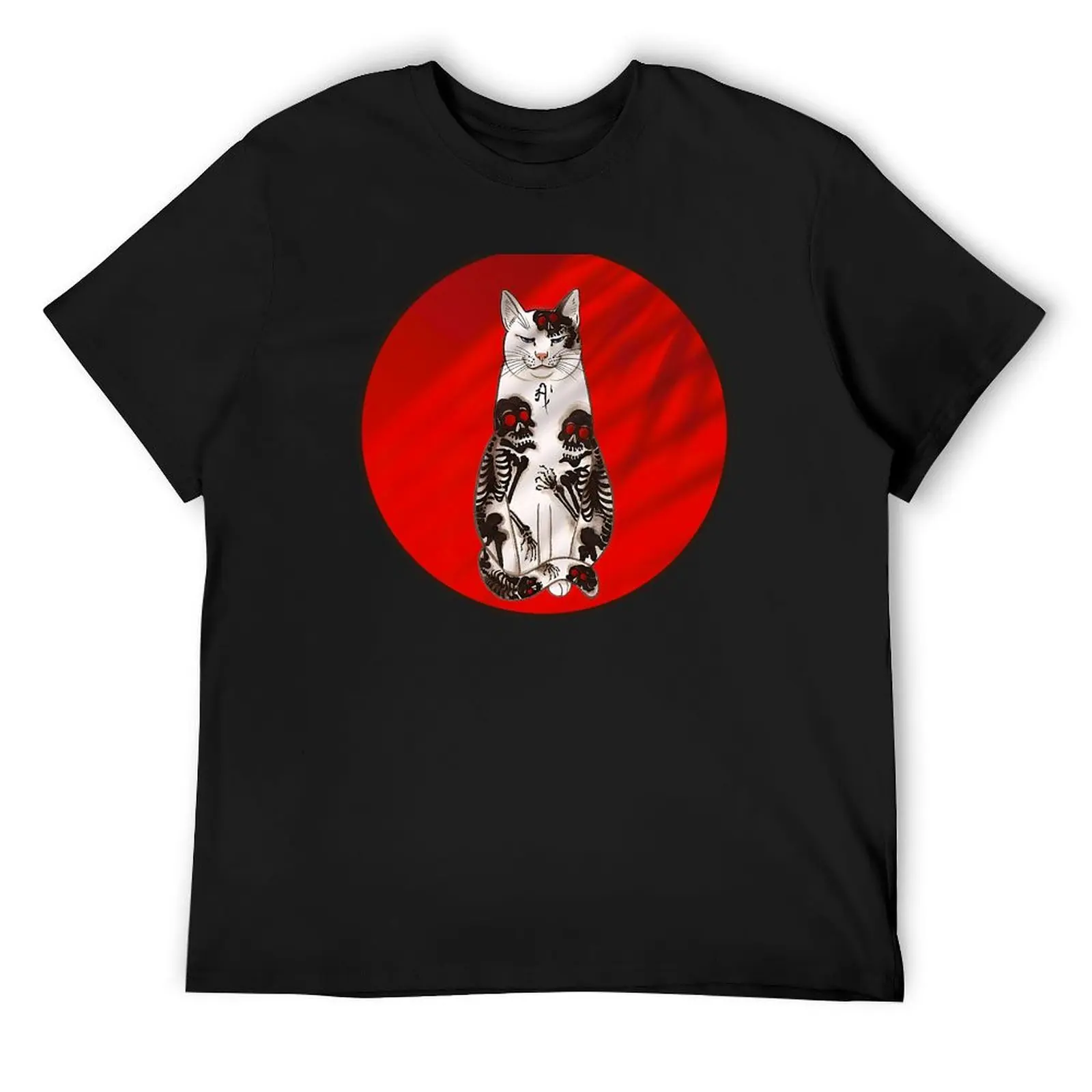 Tattooed Cat Tattoo Print - digitally enhanced remix on red background with palm leaf shadow T-Shirt