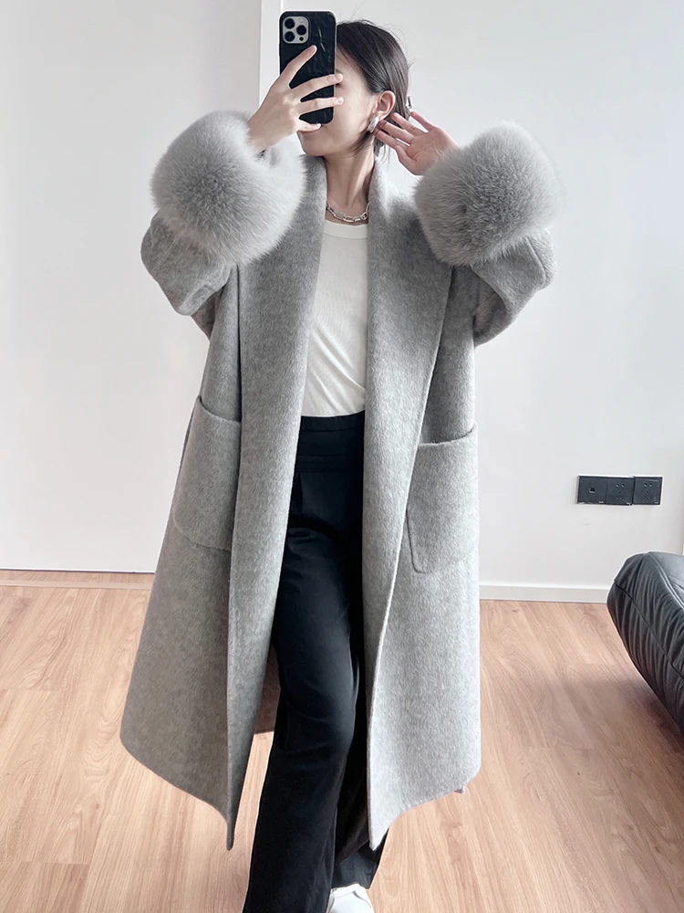 

2023 Woolen fur,New high-end gray bathrobe style lace-up long double-sided wool coat for women luxury natural fox fur cuff woole