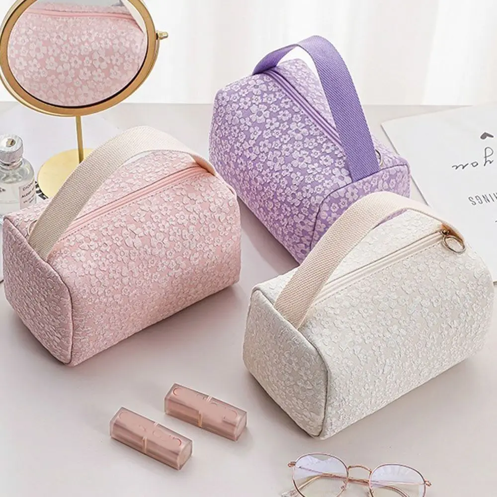 New Polyester Fiber Cosmetic Bag Large Capacity Candy Color Toiletries Bag Floral Zipper Travel Storage Bag Women