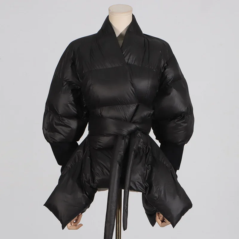 Cappotto di media lunghezza in cotone con cravatta in vita slim fit moda donna autunno nero