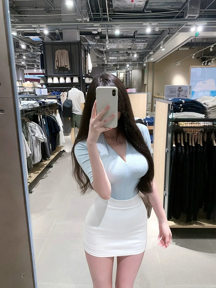 

Сексуальный облегающий комплект XZY: футболка с V-образным вырезом и юбка для женщин больших размеров, летний, обтягивающий, с высокой талией, короткий рукав