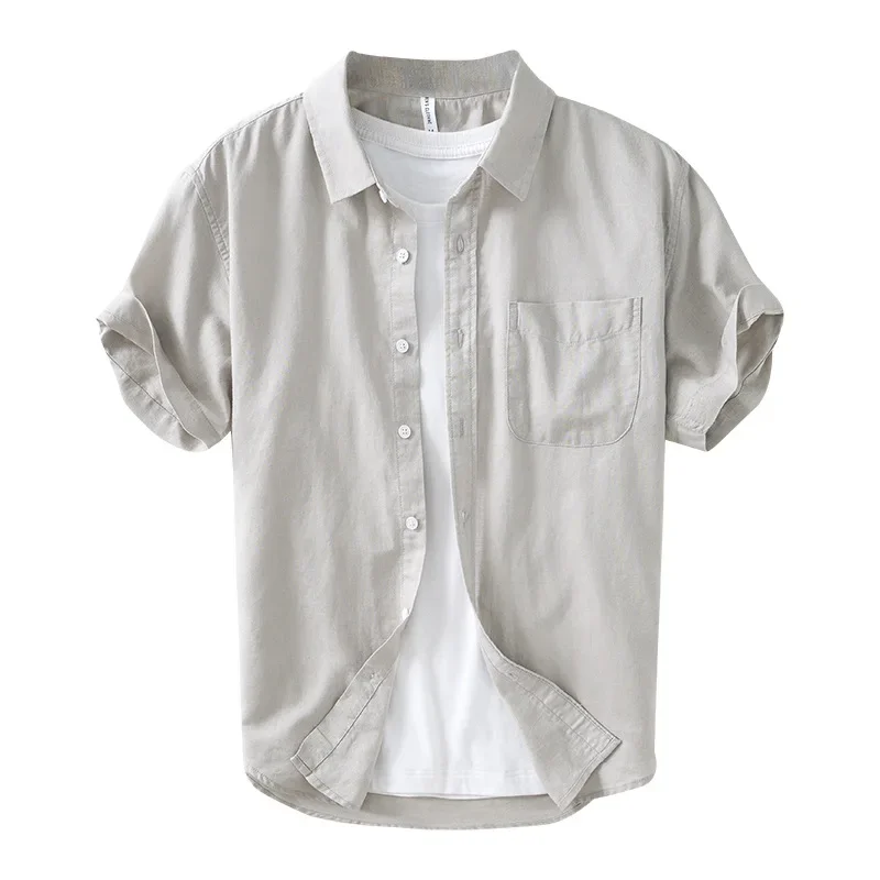 

2023 New Men's Solid Linen Polo Neck Short Sleeve Shirt Loose Large Casual Personalized Fashion Versatile Shirt