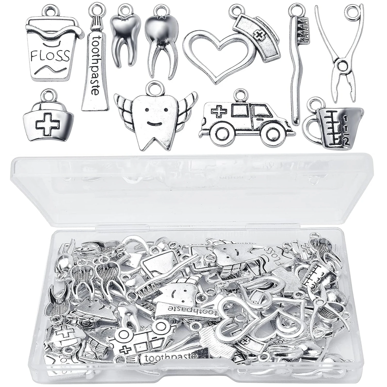 

72pcs Healthy Tooth Teeth Charms Dentist Dental Hygienist Pendants with A Box for DIY Jewelry Necklace Bracelet Making