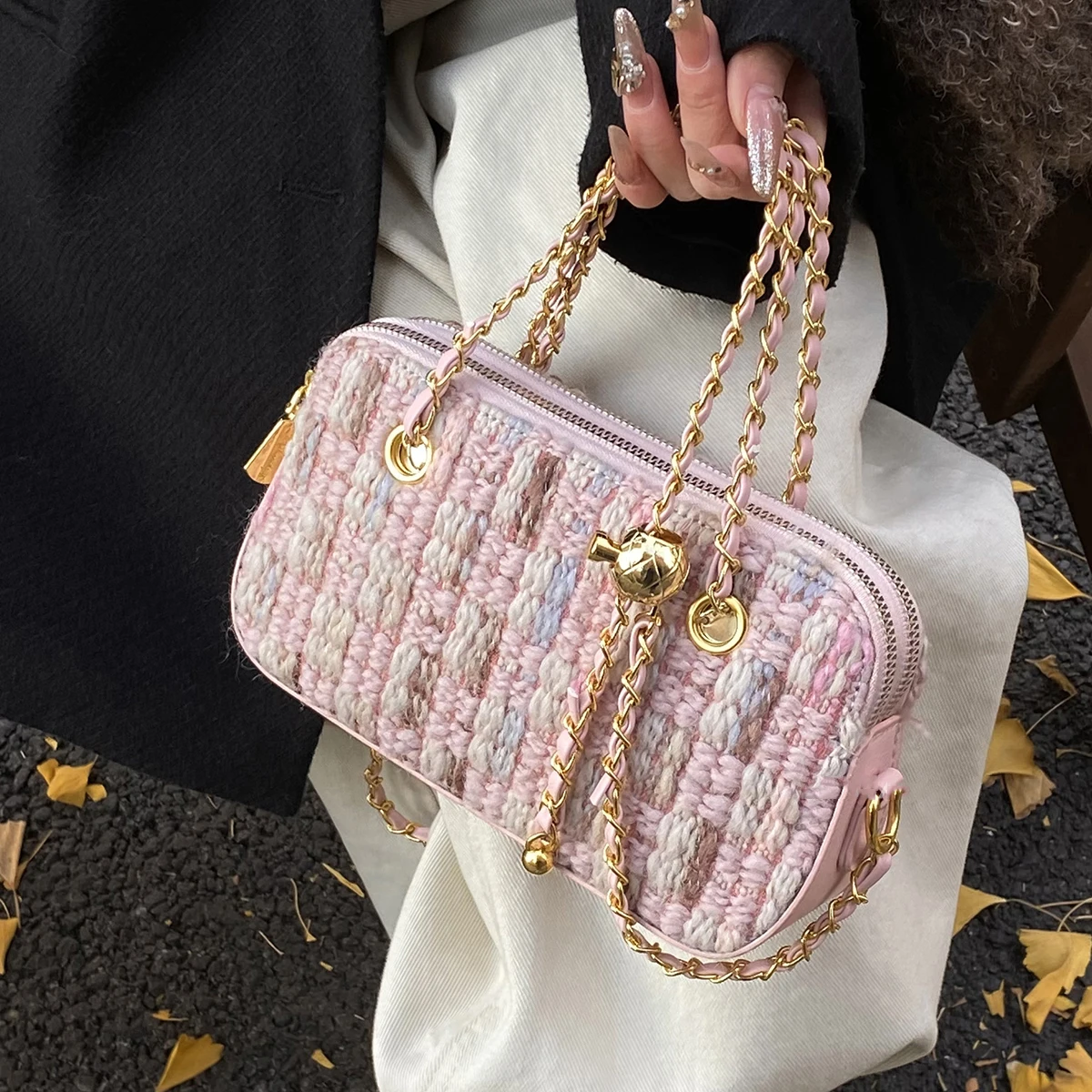 Elegant Women Pink Tweed Shoulder Bag Contrast Color Soft Crossbody Chain Bags Large Capacity Female All-match Evening Packs