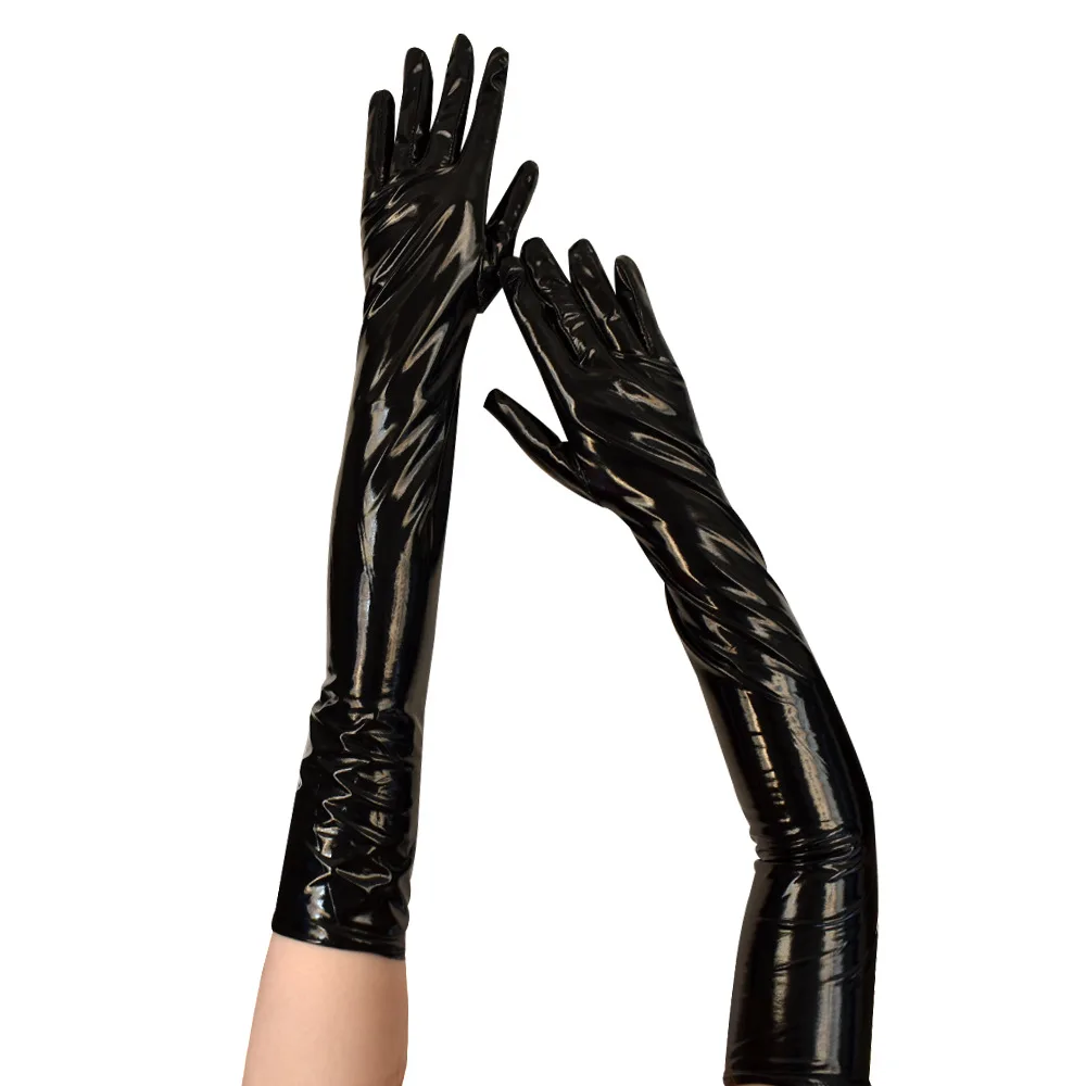 Adult Sexy Long Black Latex Gloves Metallic Wet Look Faux Leather Gloves Clubwear Dance Catsuit Cosplay Accessory Mittens