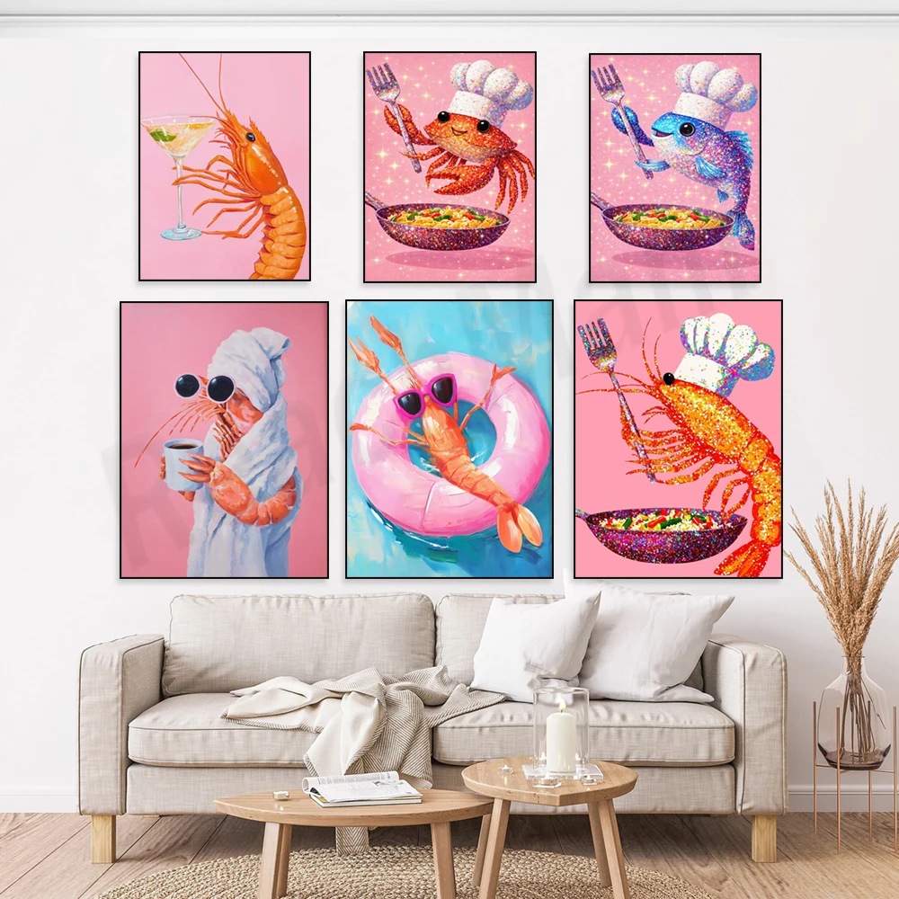 Fun fish and crab chef prints, shrimp fried rice, cute cooking animal canvas paintings, whimsical kitchen decoration posters.