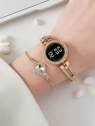 A Women's Gold Fashion Digital Watch With Rhinestones And A Crystal Bracelet. For Daily Life