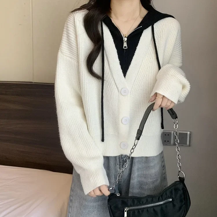 Fake two-piece knitted cardigan jacket women\'s autumn and winter plus size casual simple slim short hooded sweater top