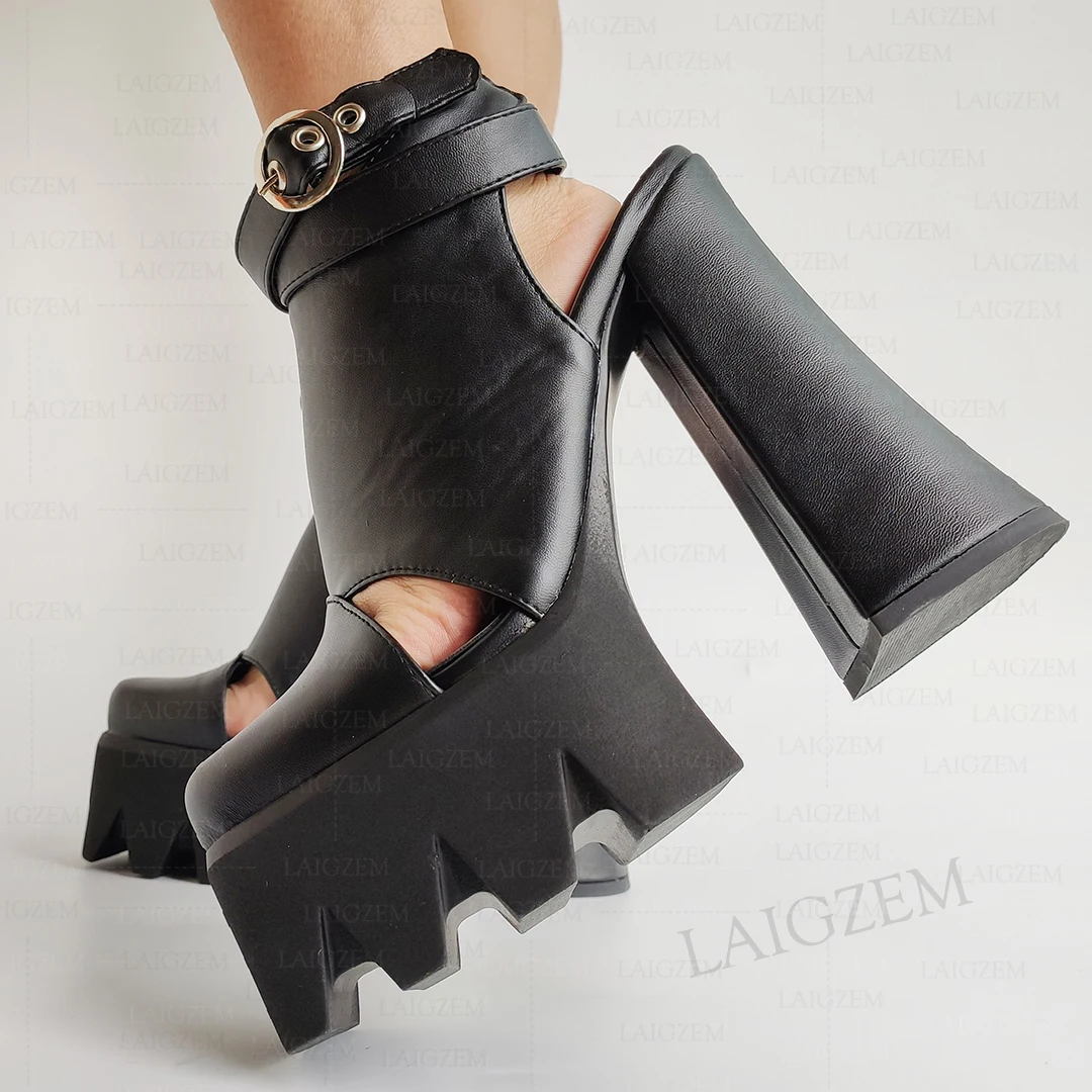 LAIGZEM-zapatos de tacón grueso para mujer, sandalias de piel sintética con hebilla y correas, estilo gótico, talla grande 35, 40 y 43