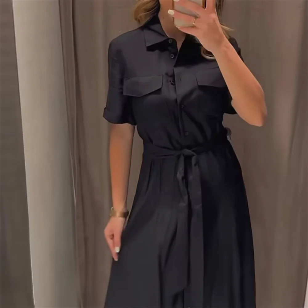 European And American Style 2024 Spring Women\'s Clothing New Fashion Casual Temperament Solid Color Lapel Shirt Style Dress