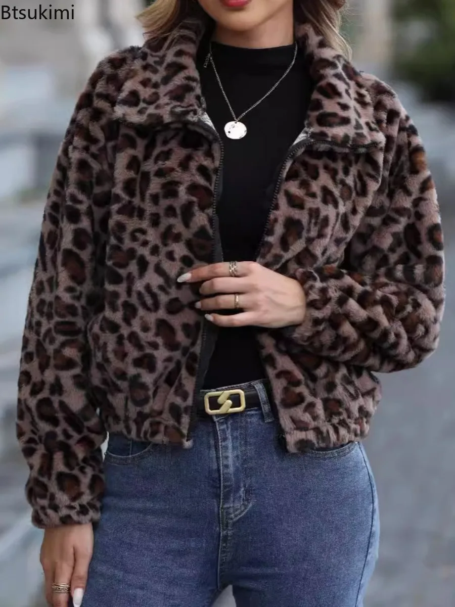 Winter Women Jacket Leopard Print Thick Plush Long Sleeve Coat Zipper Loose Cardigan Outerwear Lady Soft Comfortable Warm Coat