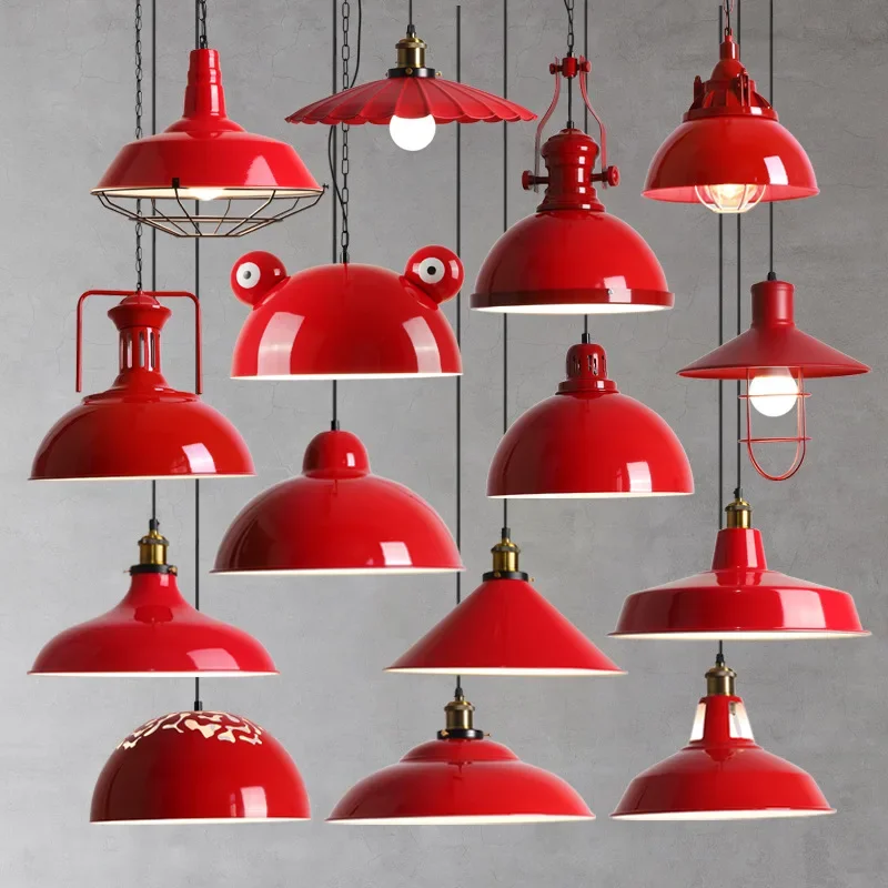 

American Retro Red Pendant Lamp Led E27 Industrial Style Lighting Hot Pot Barbecue Modern Iron Art Restaurant Decor Lighting