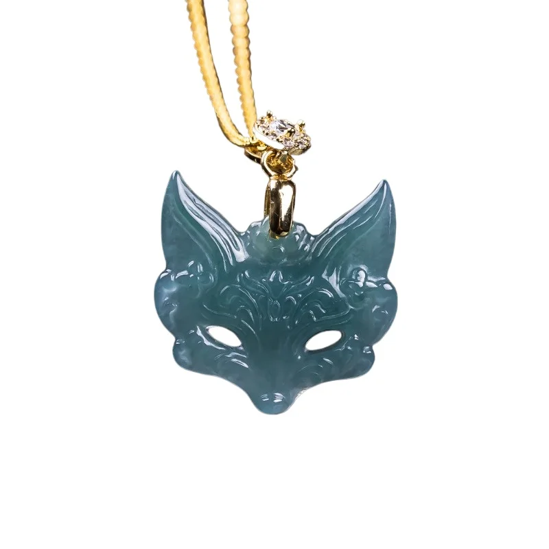 

Emerald A S925 Silver Natural Real Jade Blue Water Fox Mask Pendant Necklace Carved Charm Jewelry Fashion Amulet Gifts Men Women