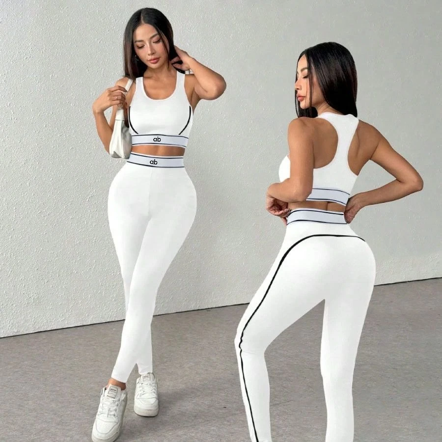Women 2Pcs European American Style Yoga Set Racerback Sports Bra Tummy Control High Waist Leggings Fitness Workout Outfit