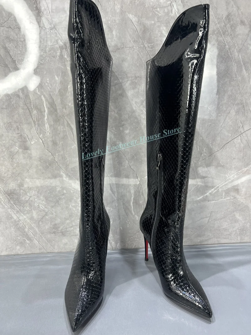 여성 패션 블랙 정품 가죽 스틸레토 힐 무릎 높은 부츠 여성 뾰족한 발가락 사이드 지퍼 롱 부츠 신발