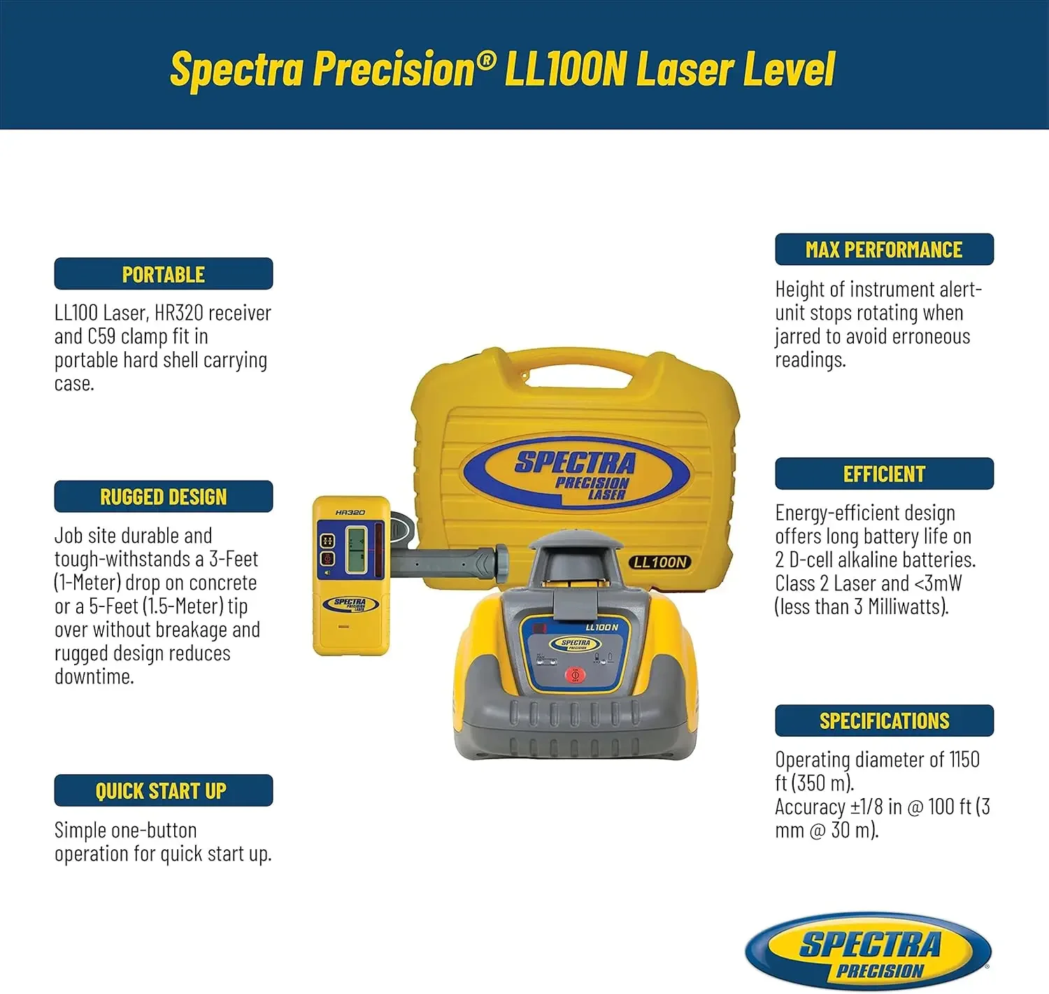 Yellow Carry Case , Precision Laser Level, Self-Leveling laser with HR320 Receiver, C59 Rod Clamp, Alkaline Batteries