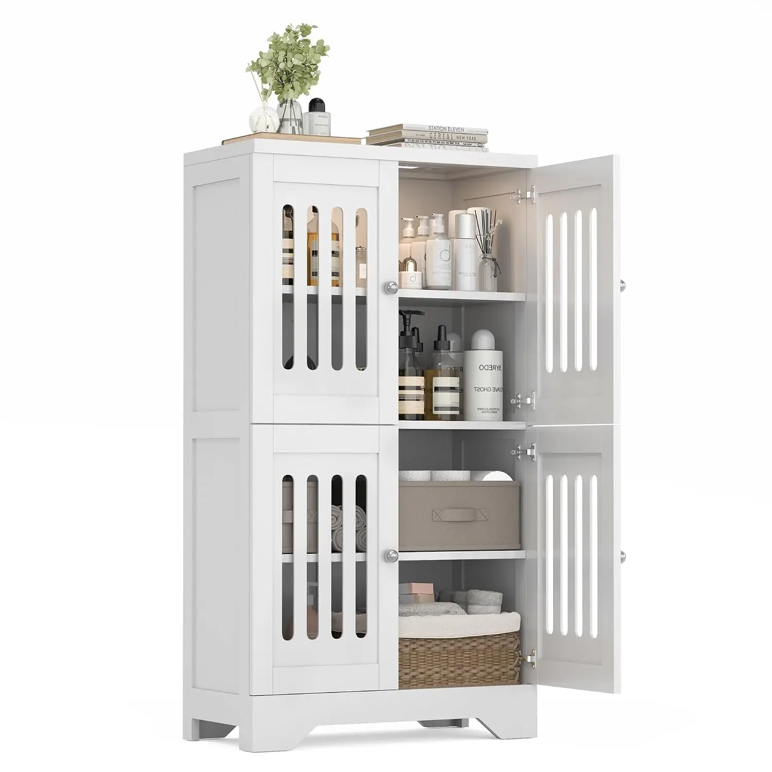 Bathroom Cabinet with Lights, 4-Door Adjustable Shelves, Buffer Hinges, White Pantry for Living Room & Kitchen, Customized
