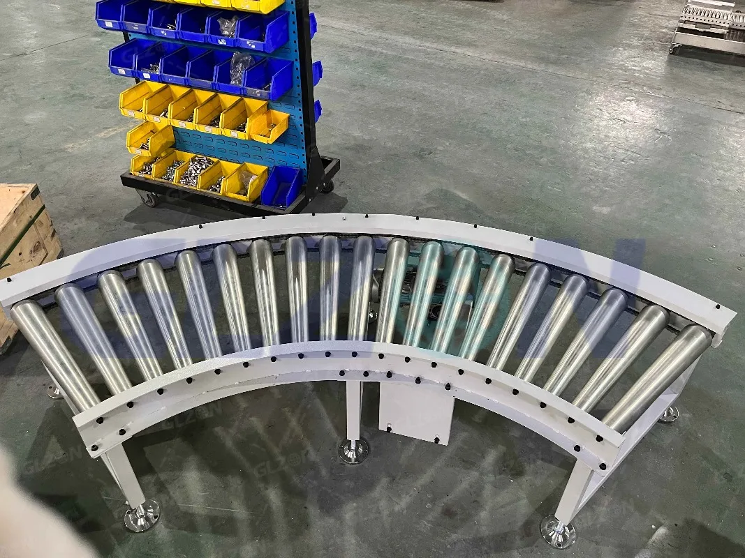 Factory-powered gravity roller conveyor for loading upload trucks to warehouses