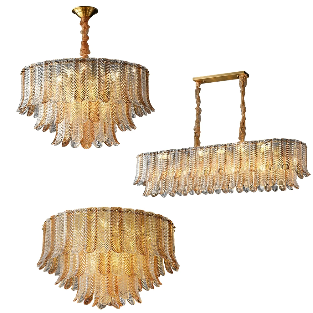 Home Decoration Nordic Luxury Feather Glass Ceiling Chandelier Lights Round E14 Base Suspension Luminaire FOR Room Decor