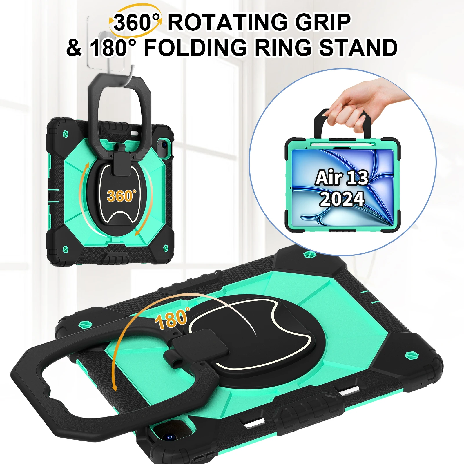 Heavy Duty Protection Case for iPad Air 13 2024 13 inch 360° Rotating  Grip Cover with 180 Adjustable Stand & Shoulder Straps