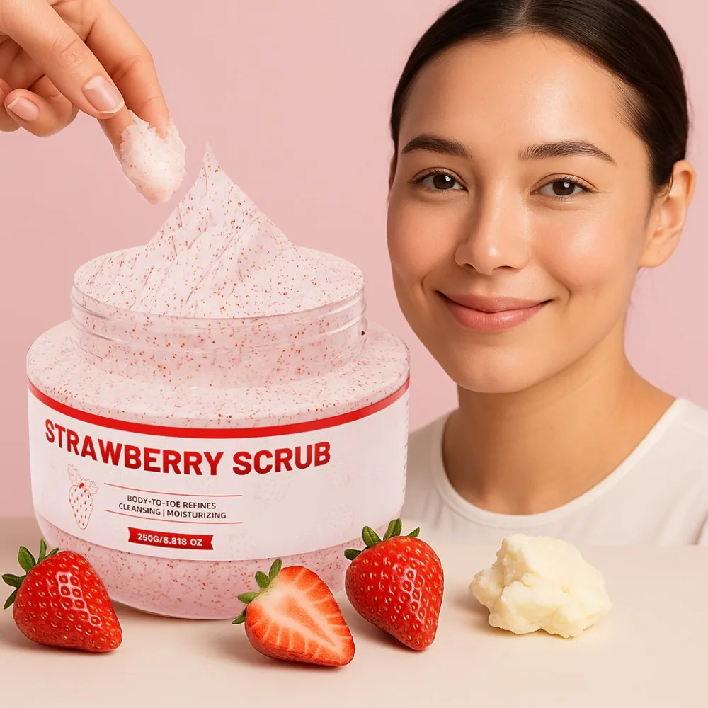 Exfoliante de fresa, limpieza profunda para mejorar la calidad de la piel, exfolia la piel con extracto de planta, cuidado corporal y de los pies para adultos, 8,8 oz