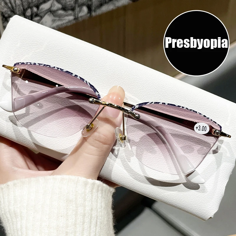 

Rimless Diamond Cutting Ladies Reading Glasses Vintage Anti Blue Light Presbyopia Eyeglasses Optical Hyperopia Eyewear Diopter