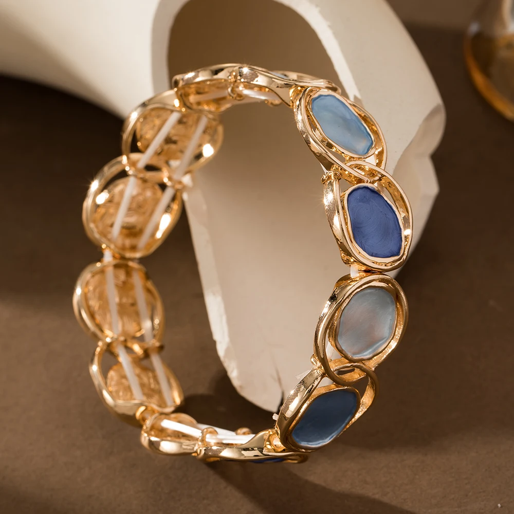 Fashion Blue Geometric Elastic Bracelet Bangle for Women Accessories Trendy Gold Color Bangles Daily Party Prom Jewelry Gifts
