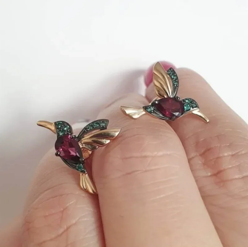 Gold Color Jewelry Wing Spreading Drop Earring Wedding Party Metal Hummingbird Red CZ Long Earrings For Women Green Stone Red