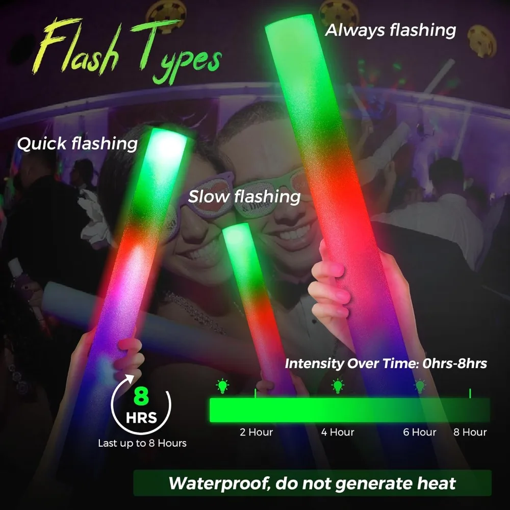 105Pcs Foam Glow Stick, LED Glow Foam Wand for Wedding 3 Modes Color Flashing, Glow in the Dark, Party Supplies