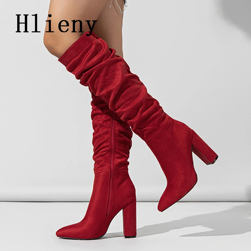 Hlieny Fashion Black Red Women Knee High Boots Sexy Pointed Toe Square High Heels Ladies Long Zipper Female Shoes Size 35-42