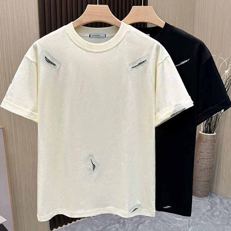 Patch Striped Print Short Sleeve Men O Neck T Shirts Cotton Couple Fashion Casual All-match Summer Clothing Black White Apricot