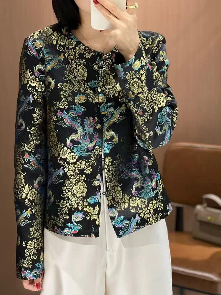 High-Quality Spring New O-Neck Rayon Blended Fabric Chinese Style Jacquard Dragon +Handmade Button Women's Jacket S-XL