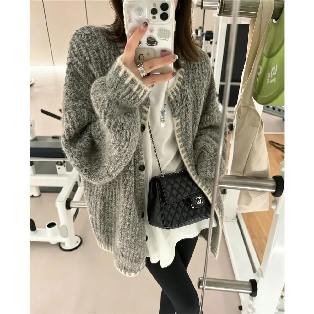 Gray Floral Woolen Knitted Sweater Coat Women's Autumn Winter Thickened Medium Length Loose Fit Soft Style Casual Fashion
