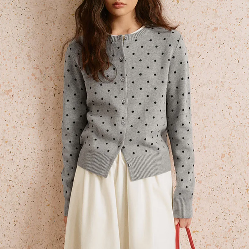 

Вязаный свитер, женские кардиганы, новый вязаный свитер с длинным рукавом и круглым вырезом в черный горошек, кардиган, женские топы, свитера Sueters De Mujer Q948