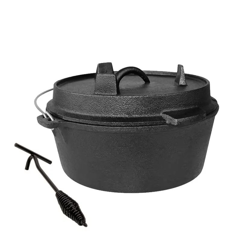 Panela holandesa de ferro fundido de 25cm, panela portátil para acampamento, utensílios de cozinha multifuncionais, panela para ensopado, panela para churrasco, panela para sopa, panela para piquenique