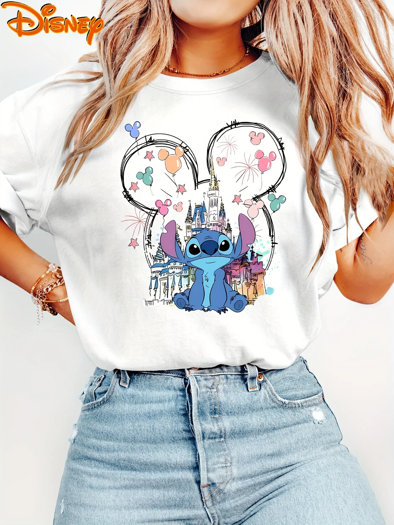 

2025 Disney Pattern Printed Women's Casual Comfortable Unique Smiling Face Black Round Neck Short Sleeve T-shirt